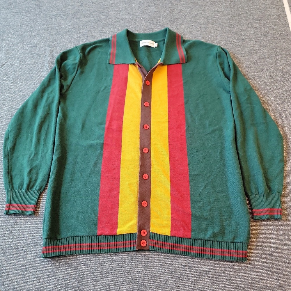 OXKNITSTORE Cardigan Sweater Men's XL Green Striped Colorblock Long Sleeve